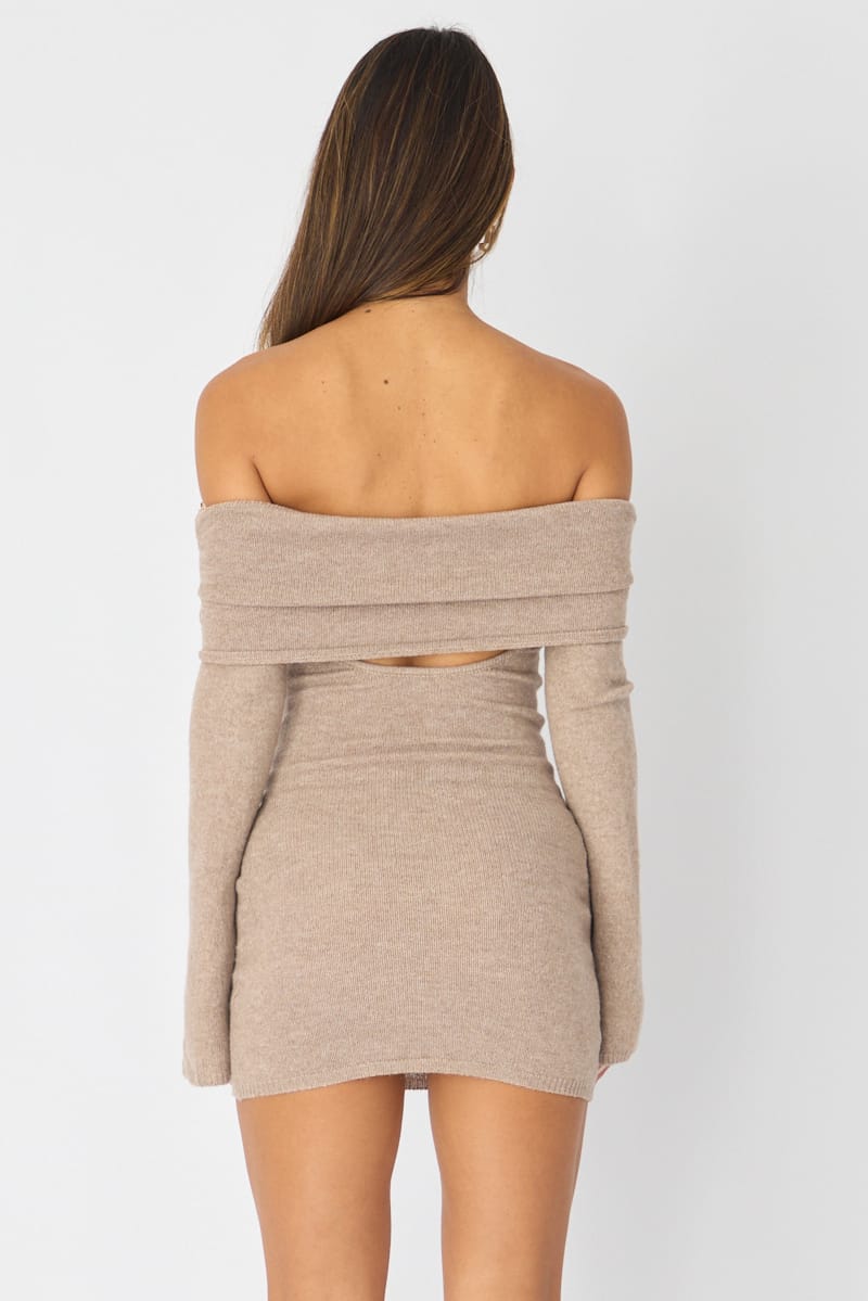 Beige Knit Dress Off Shoulder