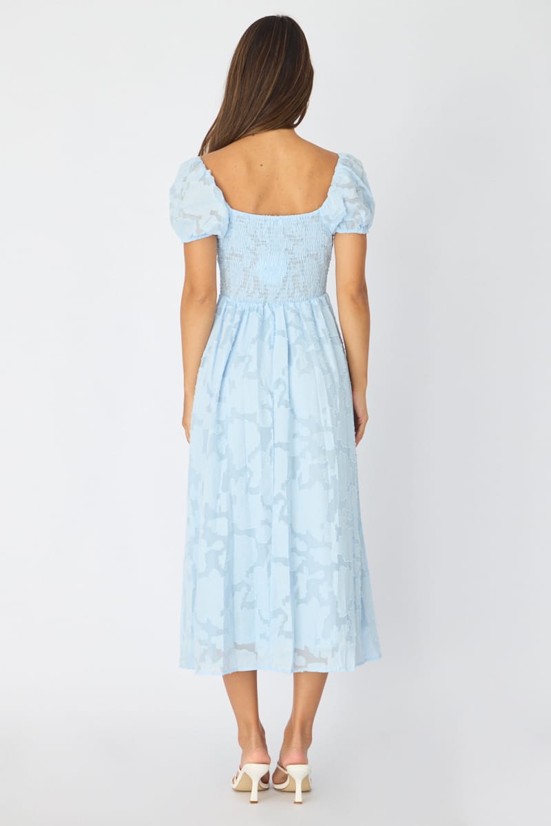 Blue Midi Dress Puff Sleeve
