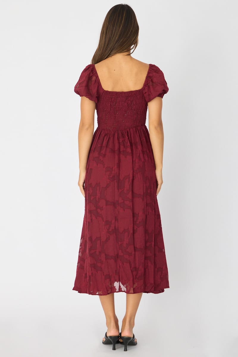 Red Midi Dress Puff Sleeve