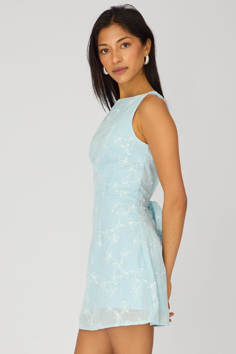 Blue Mini Dress Boat Neck
