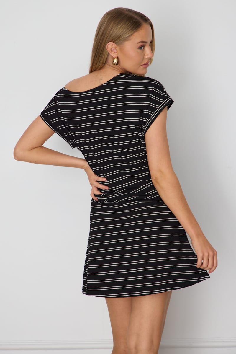 Black Stripe Asymmetrical Neckline Mini Dress