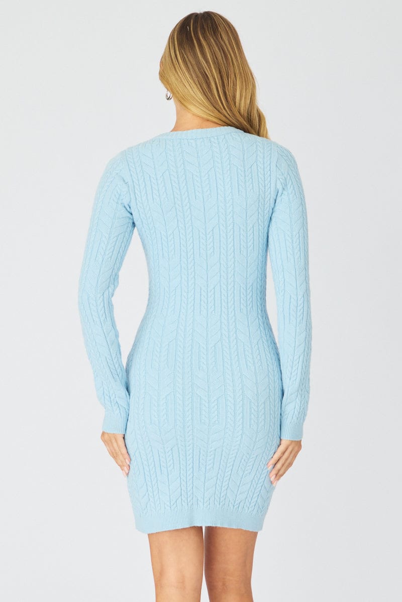 Blue Knit Dress Long Sleeve Cable Mini