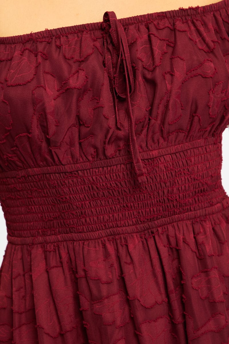 Red Fit And Flare Dress Puff Sleeve