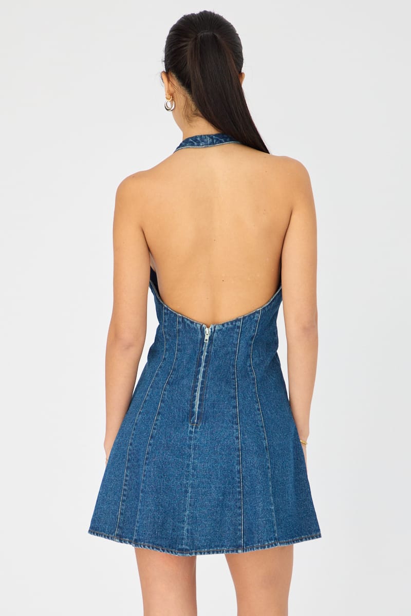 Blue Halter Neck Mini Dress