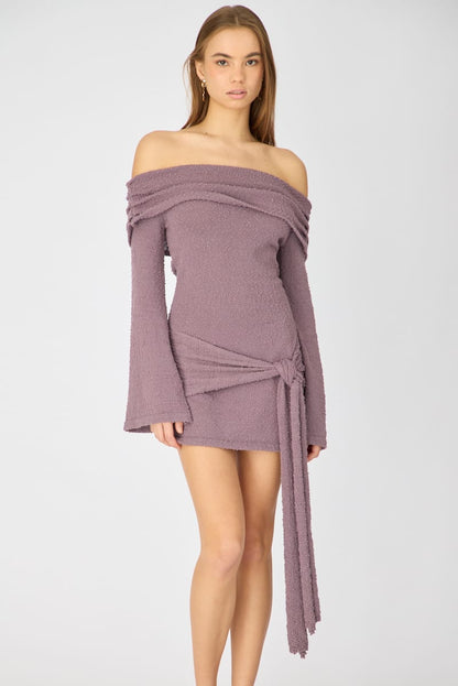 Brown Knitted Off Shoulder Tie Waist Mini Dress