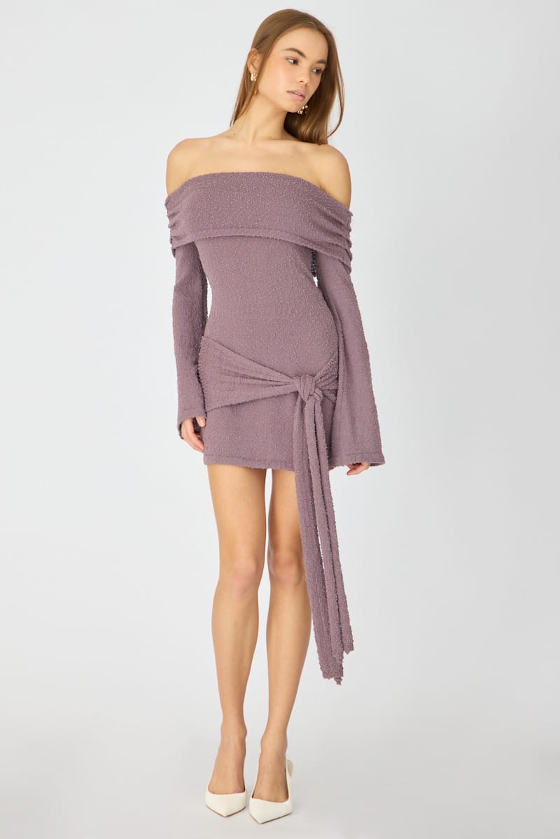 Brown Knitted Off Shoulder Tie Waist Mini Dress