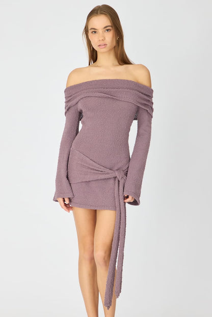 Brown Knitted Off Shoulder Tie Waist Mini Dress
