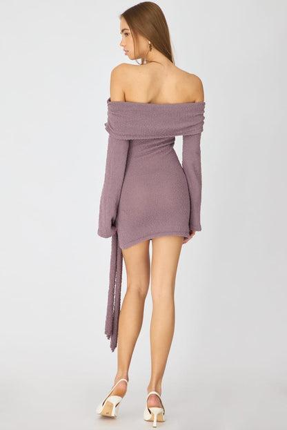 Brown Knitted Off Shoulder Tie Waist Mini Dress