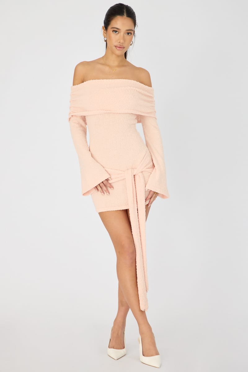 Peach Knitted Off Shoulder Tie Waist Mini Dress