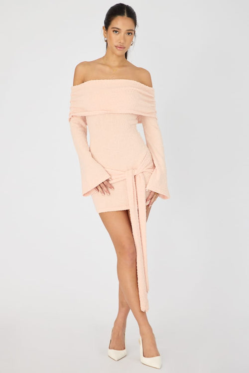 Peach Knitted Off Shoulder Tie Waist Mini Dress