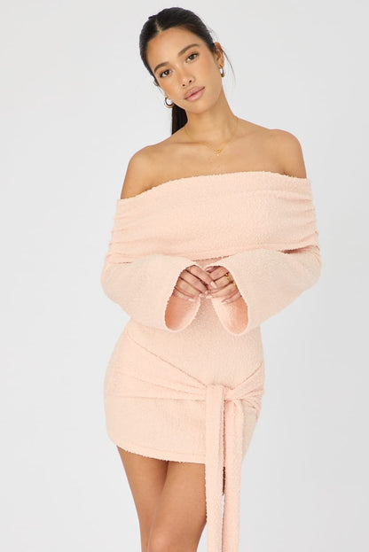 Peach Knitted Off Shoulder Tie Waist Mini Dress