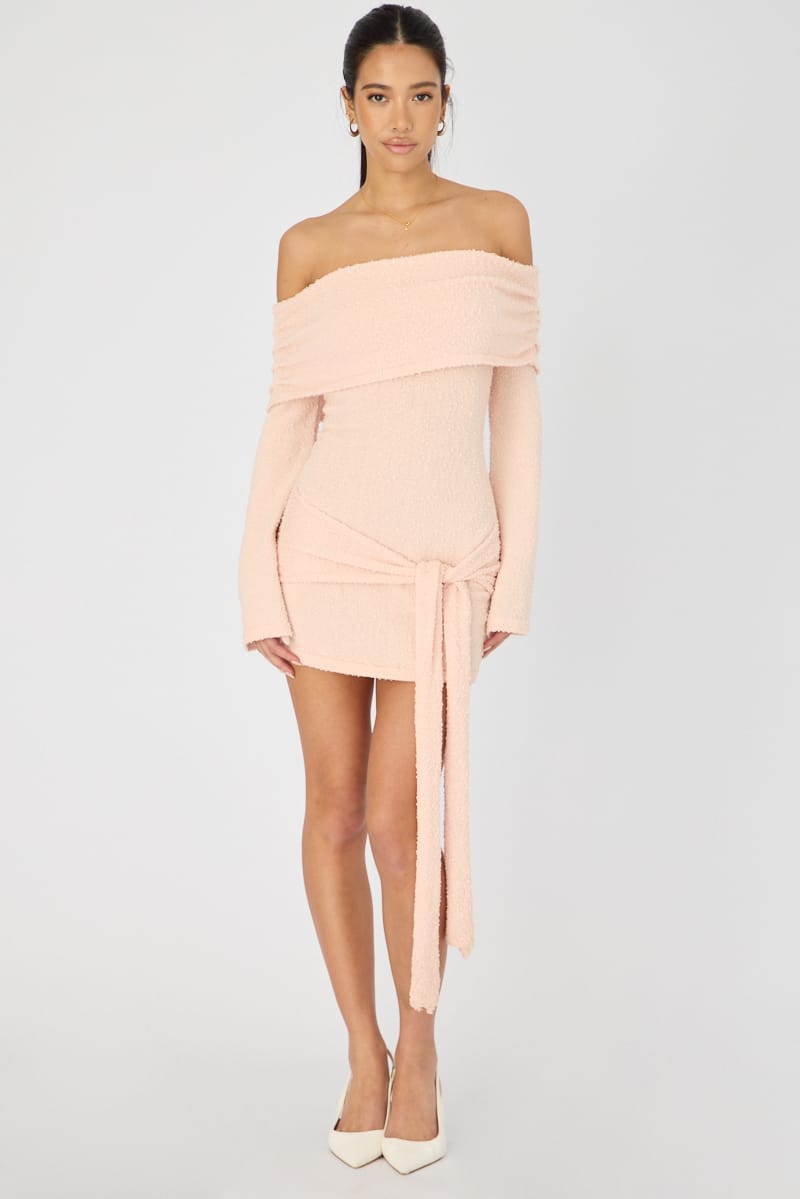 Peach Knitted Off Shoulder Tie Waist Mini Dress