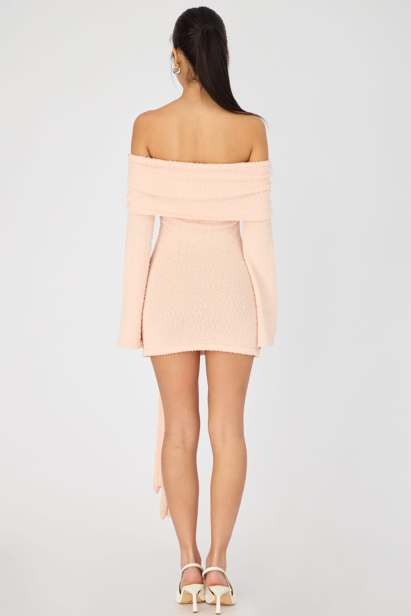 Peach Knitted Off Shoulder Tie Waist Mini Dress