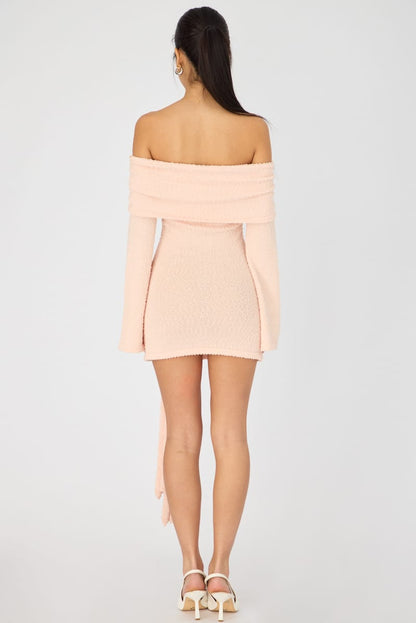 Peach Knitted Off Shoulder Tie Waist Mini Dress