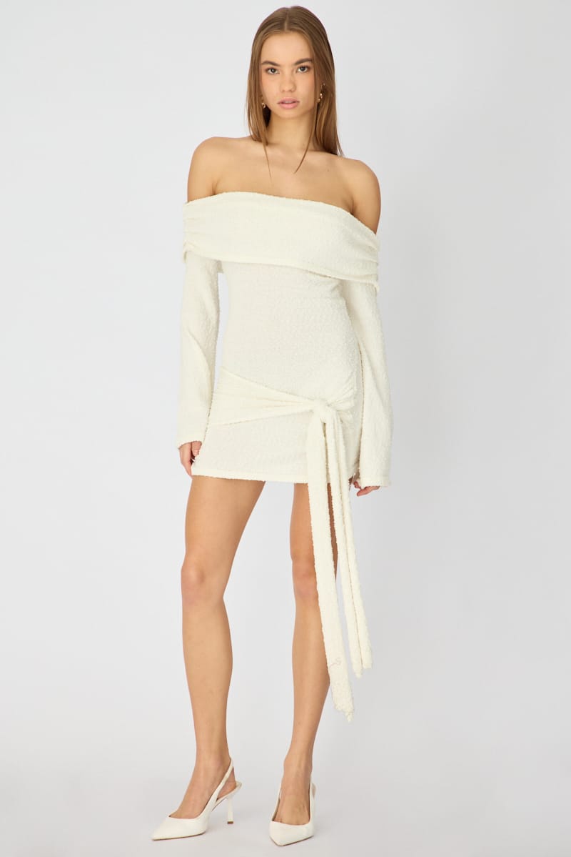 White Knitted Off Shoulder Tie Waist Mini Dress