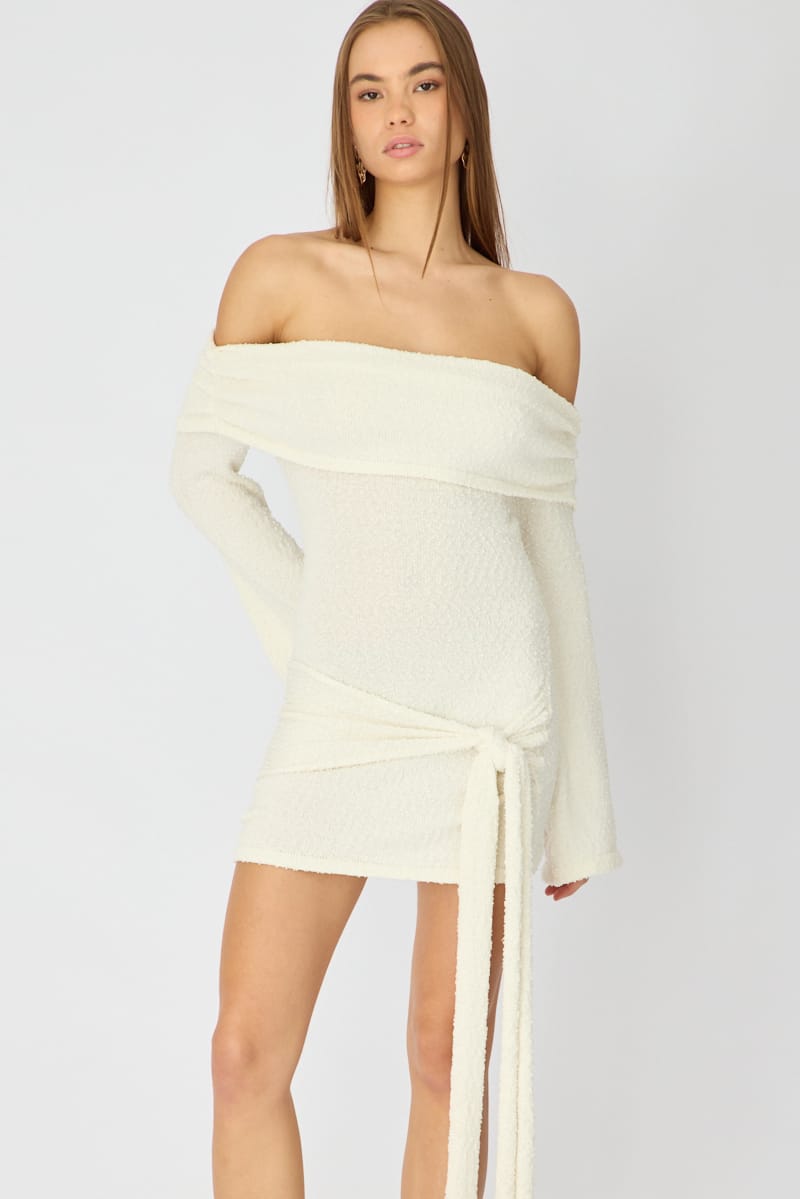 White Knitted Off Shoulder Tie Waist Mini Dress