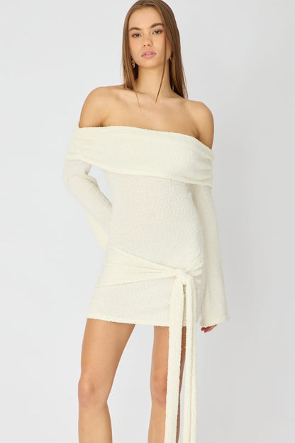White Knitted Off Shoulder Tie Waist Mini Dress