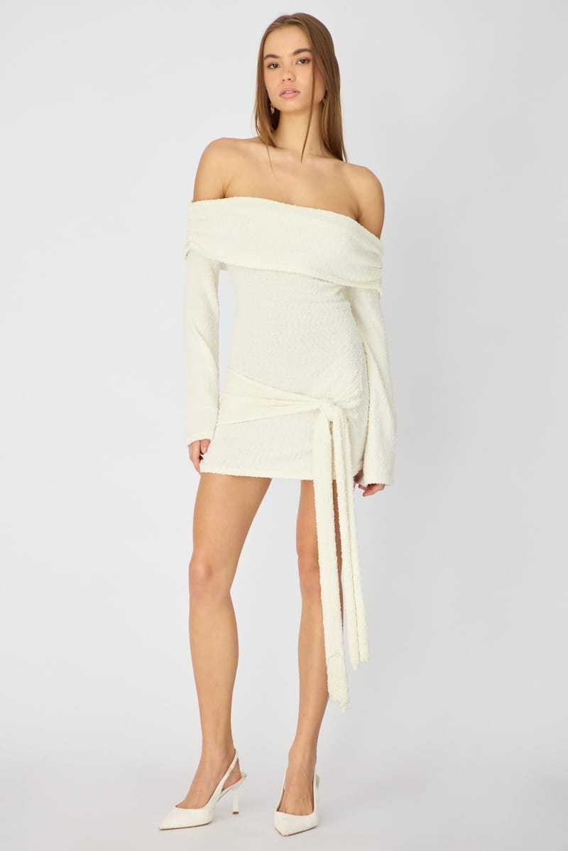 White Knitted Off Shoulder Tie Waist Mini Dress