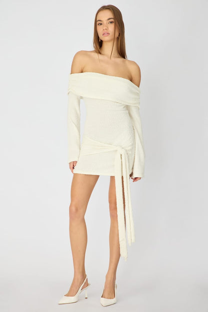 White Knitted Off Shoulder Tie Waist Mini Dress