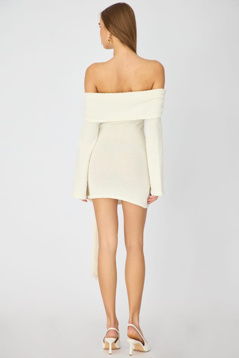 White Knitted Off Shoulder Tie Waist Mini Dress