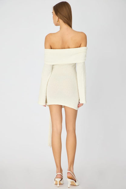 White Knitted Off Shoulder Tie Waist Mini Dress