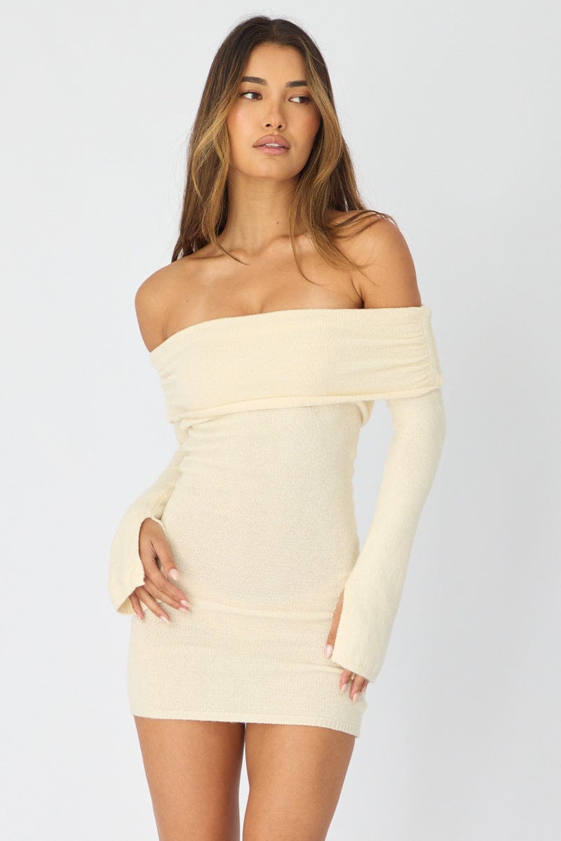 White Knit Dress Off Shoulder