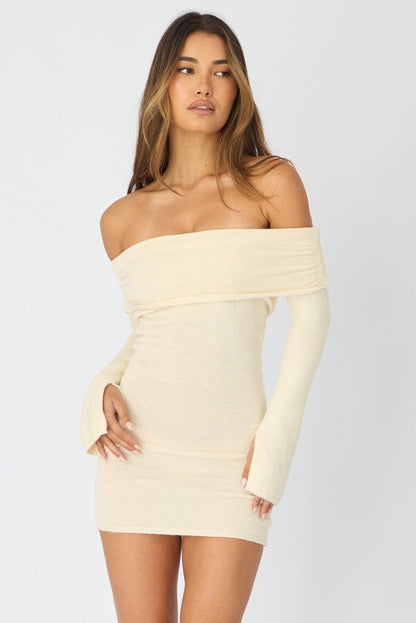 White Knit Dress Off Shoulder