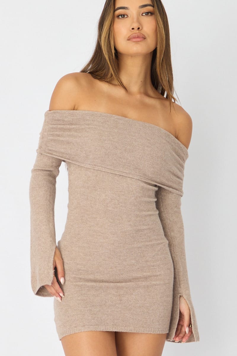 Beige Knit Dress Off Shoulder