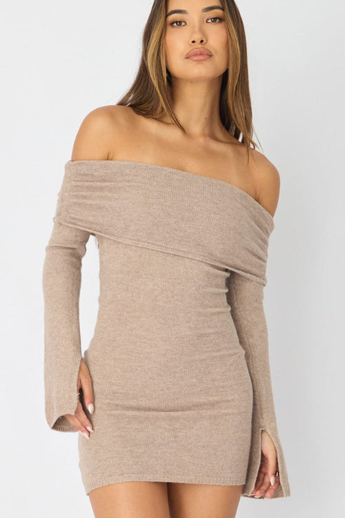 Beige Knit Dress Off Shoulder