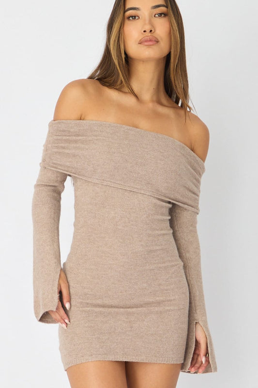Beige Knit Dress Off Shoulder