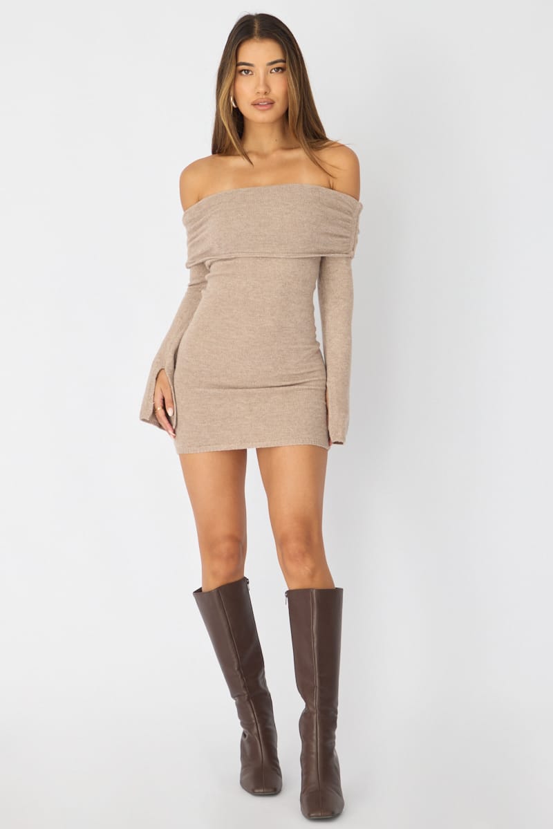 Beige Knit Dress Off Shoulder
