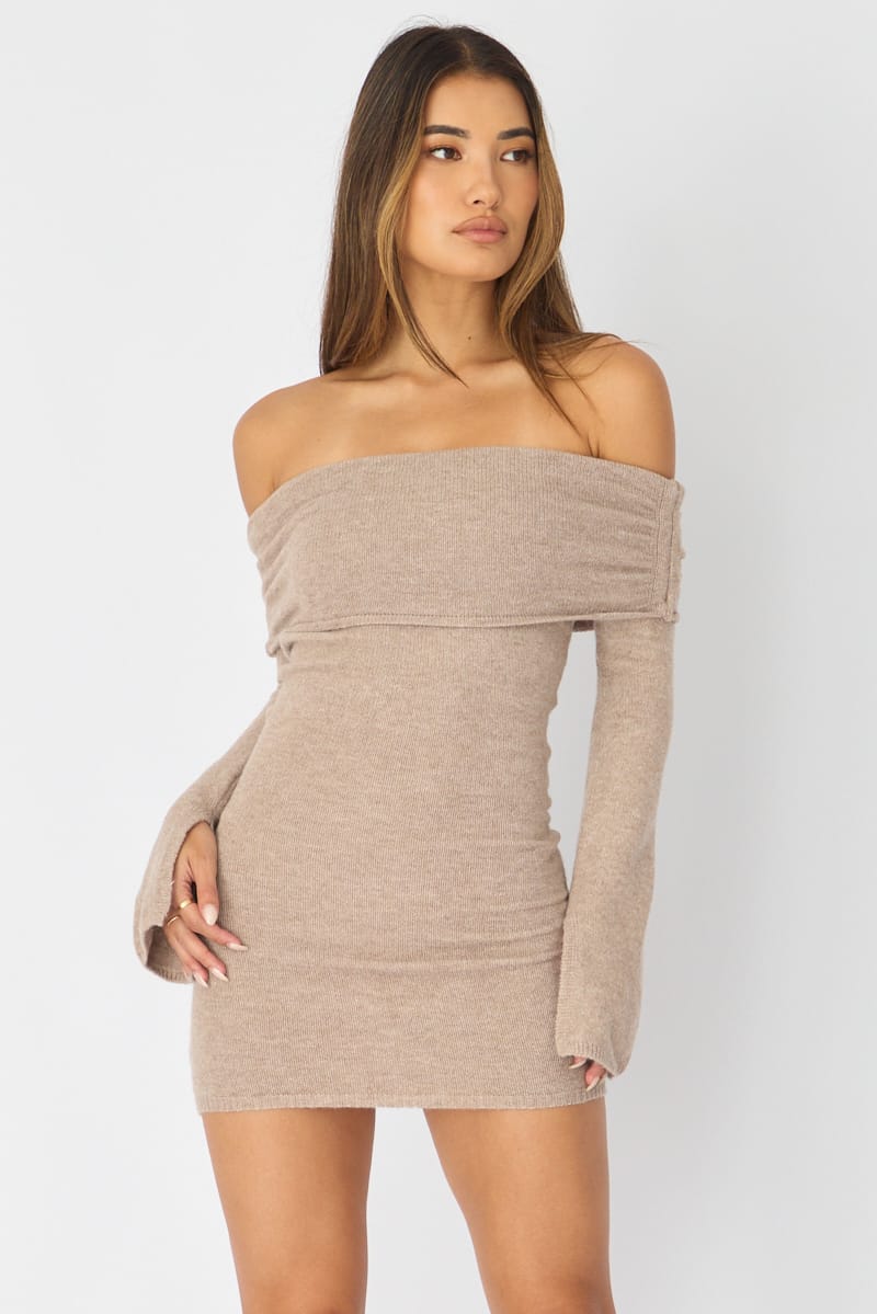 Beige Knit Dress Off Shoulder