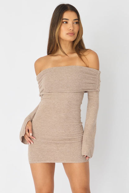 Beige Knit Dress Off Shoulder
