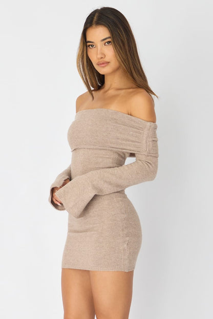 Beige Knit Dress Off Shoulder