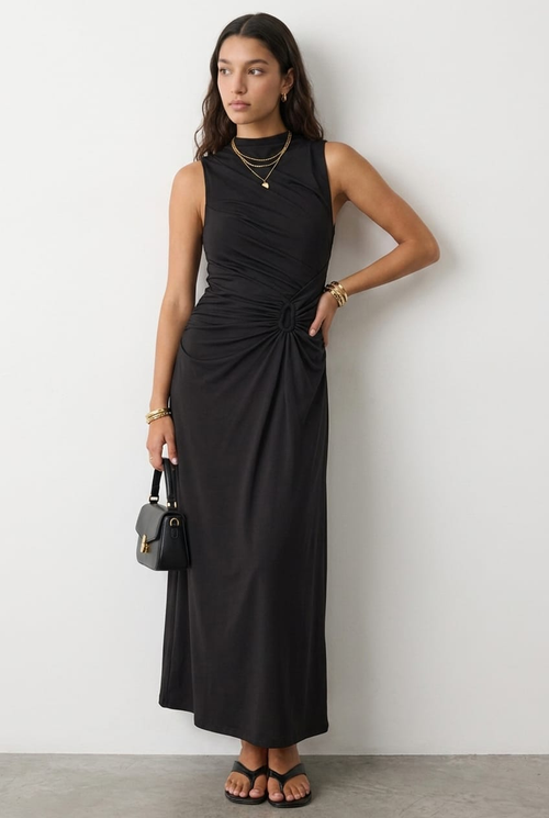 Black High Neck Ruched Detail Bodycon Dress