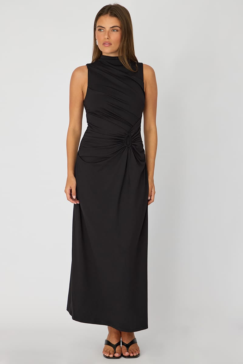 Black High Neck Ruched Detail Bodycon Dress