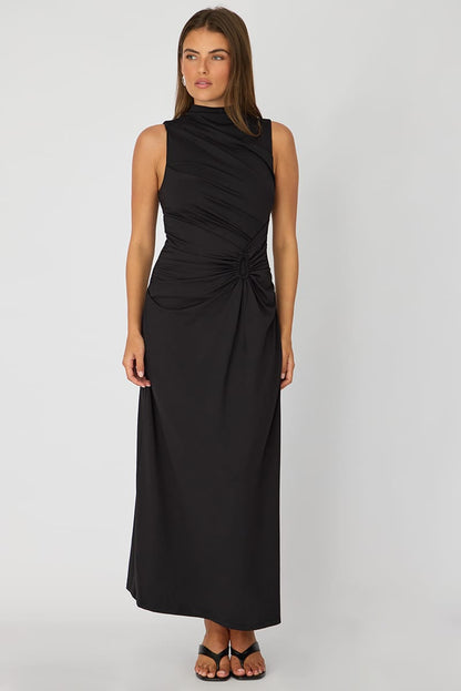 Black High Neck Ruched Detail Bodycon Dress