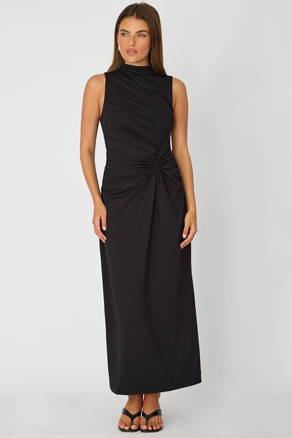 Black High Neck Ruched Detail Bodycon Dress