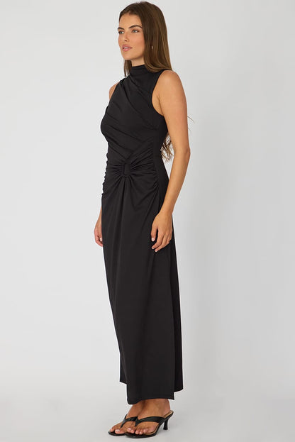 Black High Neck Ruched Detail Bodycon Dress