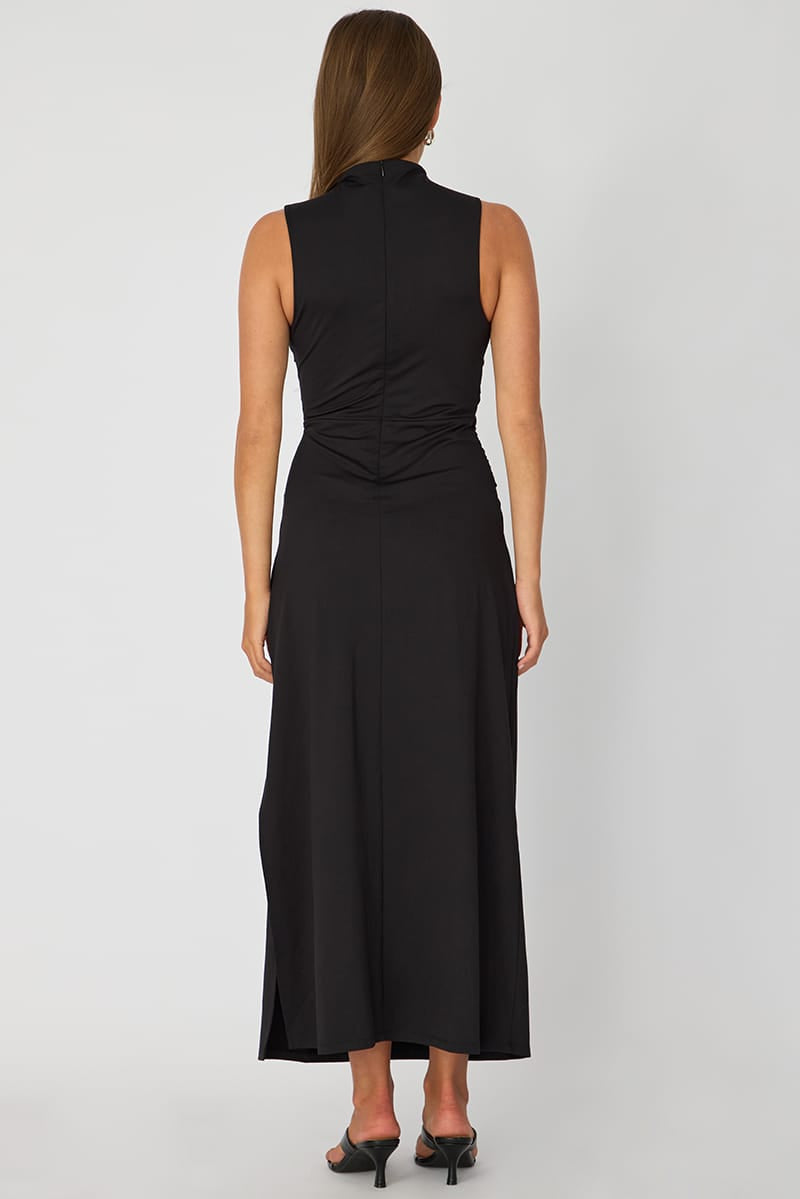Black High Neck Ruched Detail Bodycon Dress
