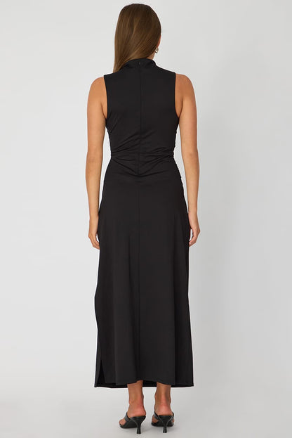 Black High Neck Ruched Detail Bodycon Dress