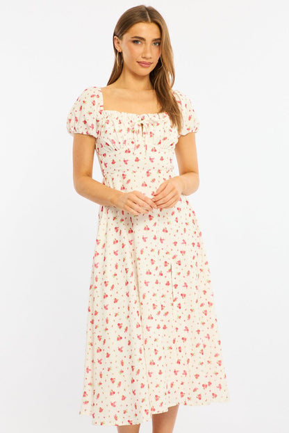Red Ditsy Midi Dress Puff Sleeve