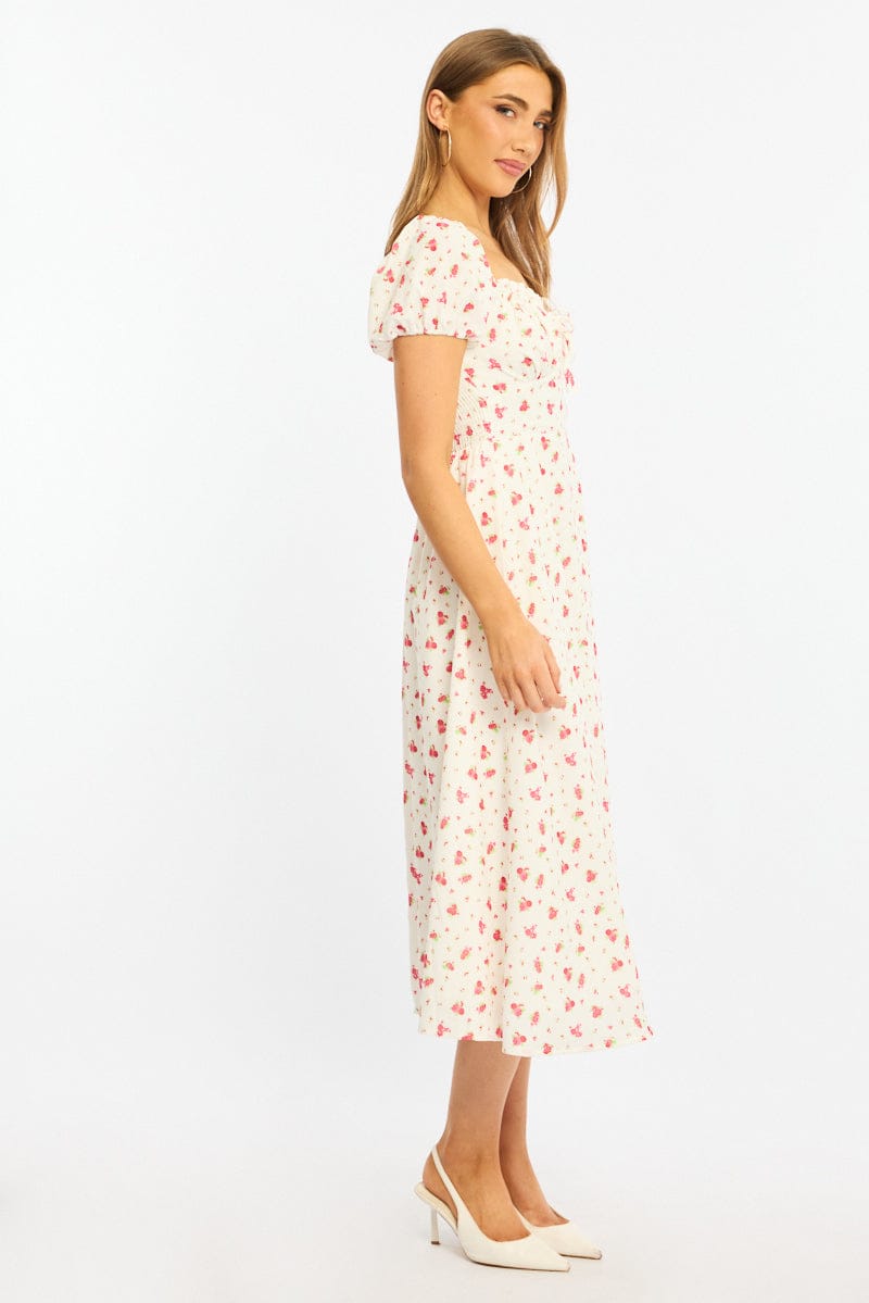 Red Ditsy Midi Dress Puff Sleeve
