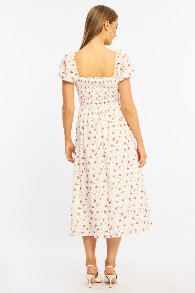 Red Ditsy Midi Dress Puff Sleeve