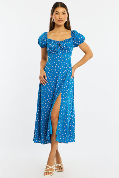 Blue Ditsy Midi Dress Puff Sleeve