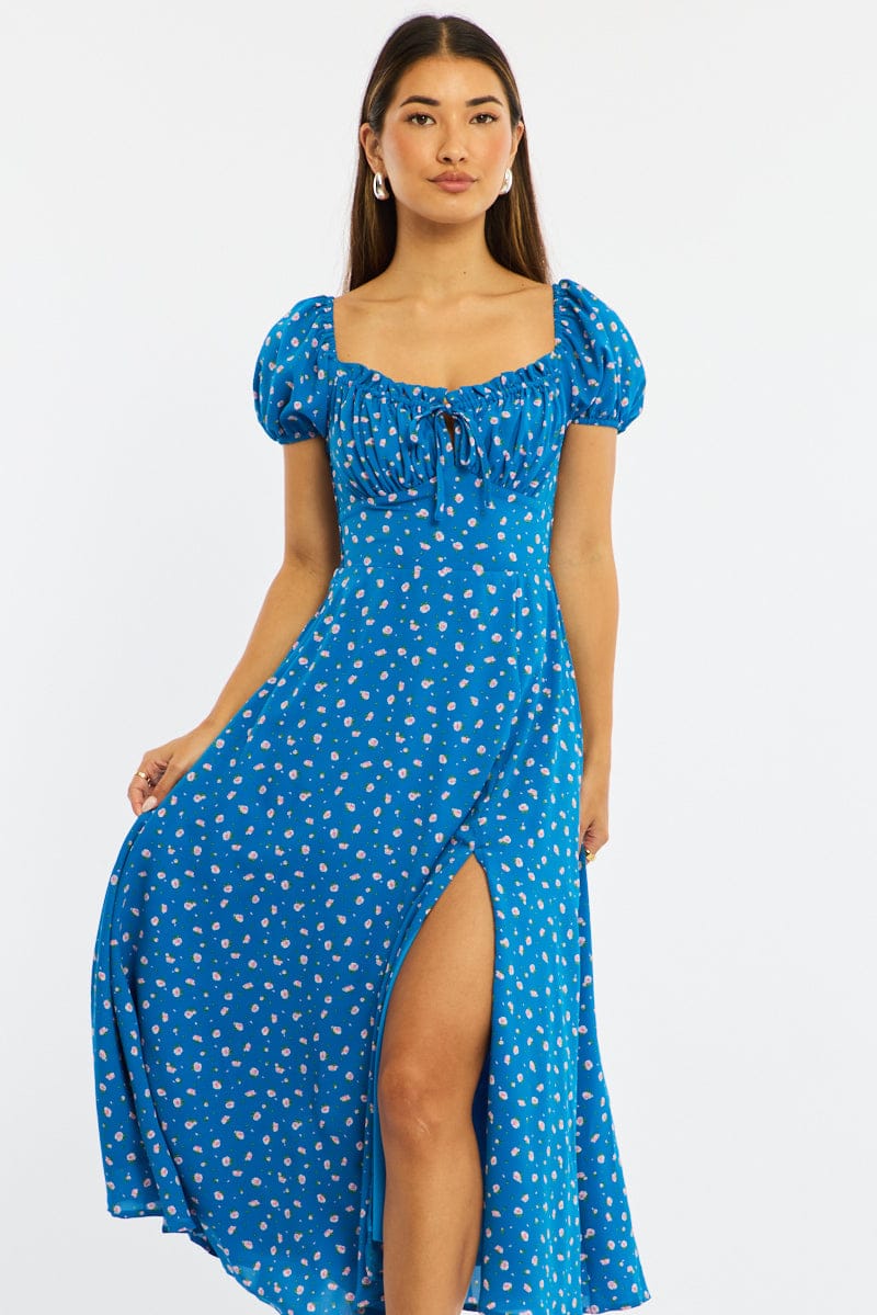 Blue Ditsy Midi Dress Puff Sleeve