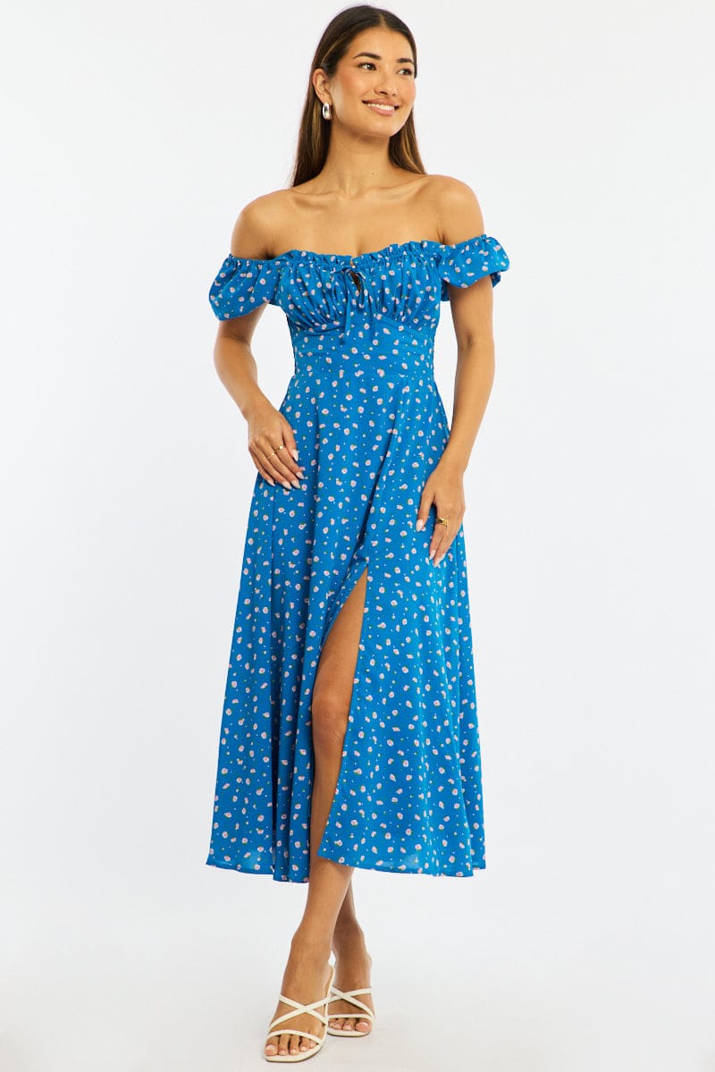 Blue Ditsy Midi Dress Puff Sleeve