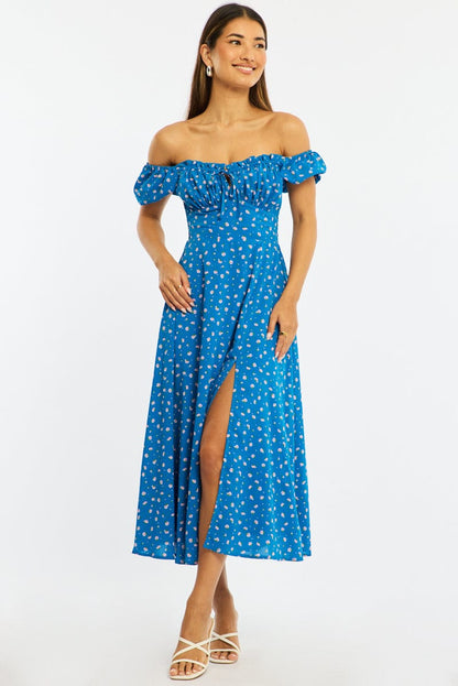 Blue Ditsy Midi Dress Puff Sleeve