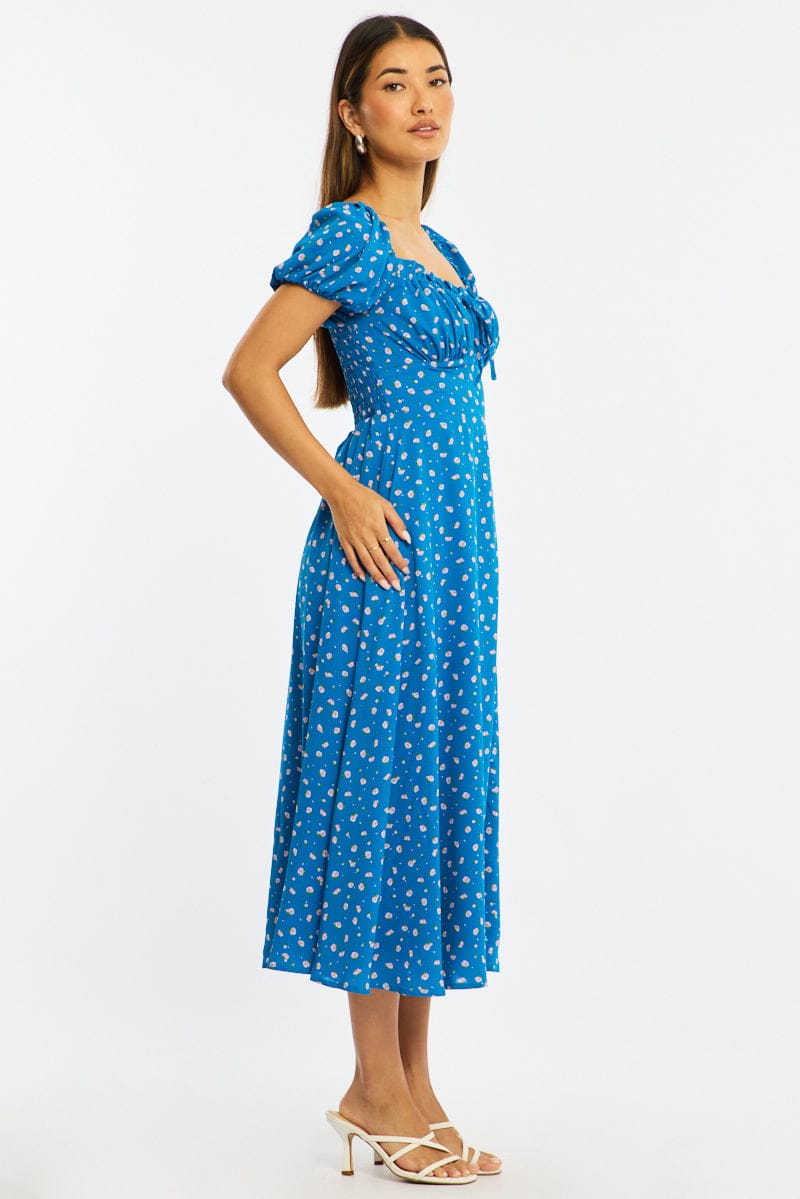 Blue Ditsy Midi Dress Puff Sleeve