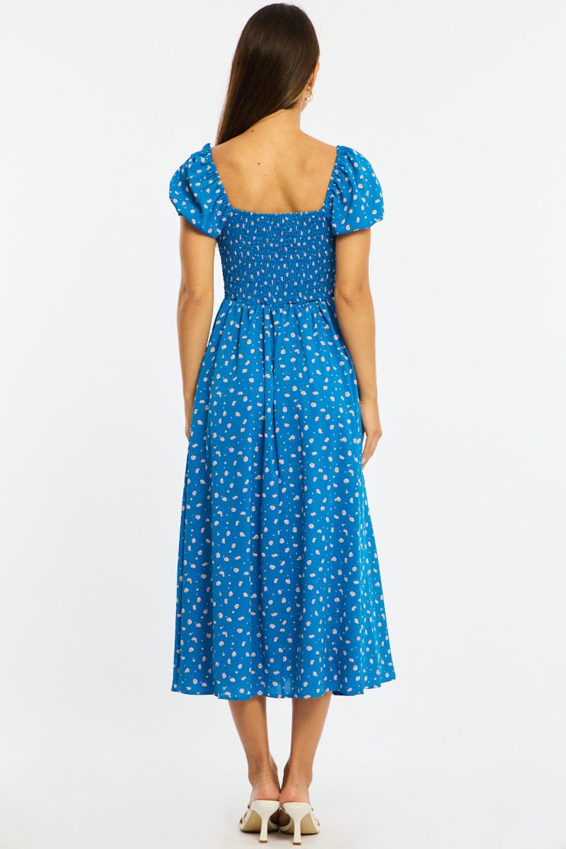 Blue Ditsy Midi Dress Puff Sleeve